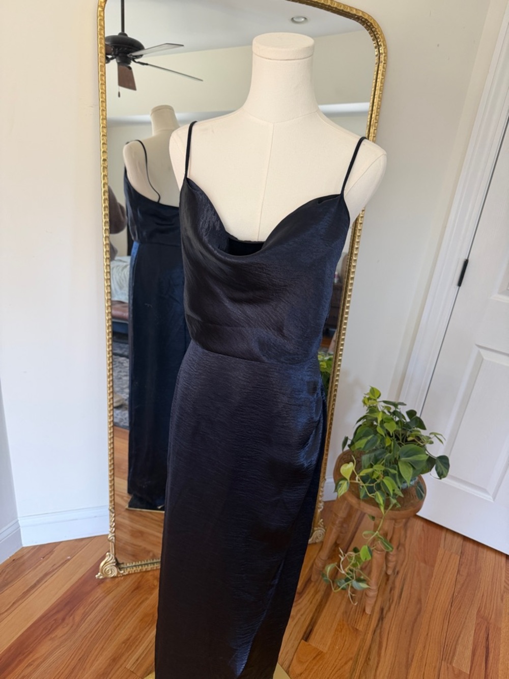 WAYF Satin Maxi Dress Small Navy Blue Formal Cowl Neck NWT - Picture 2 of 5